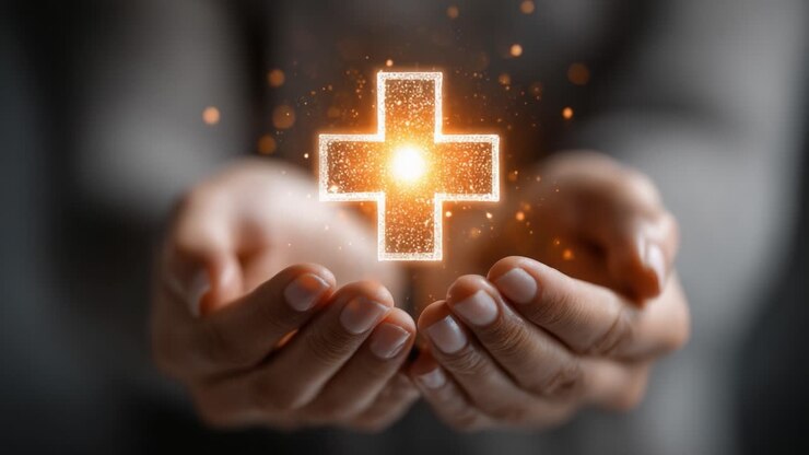 Un simbolo luminoso di salute e benessere: mani che offrono un segno più raggiante, che rappresenta speranza e guarigione in una presentazione creativa e stimolante