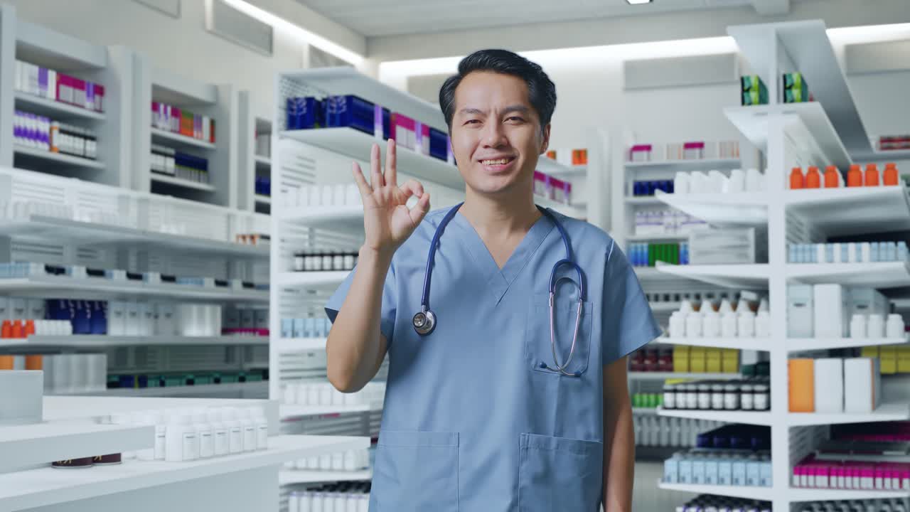 스테토스코프를 들고 있는 아시아 남성 의사는 약국에서 웃으며 은 몸짓을 하고 있습니다.