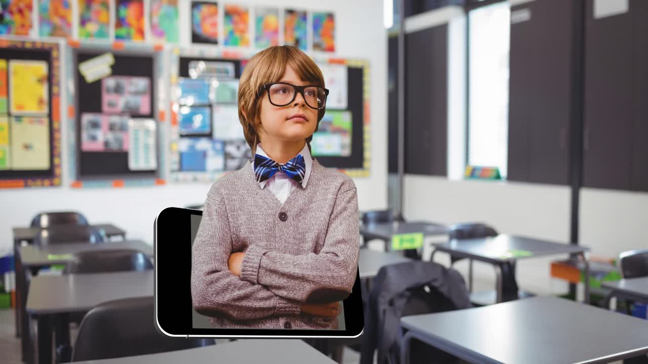 Animation of schoolboy emerging from smartphone screen over school classroom
