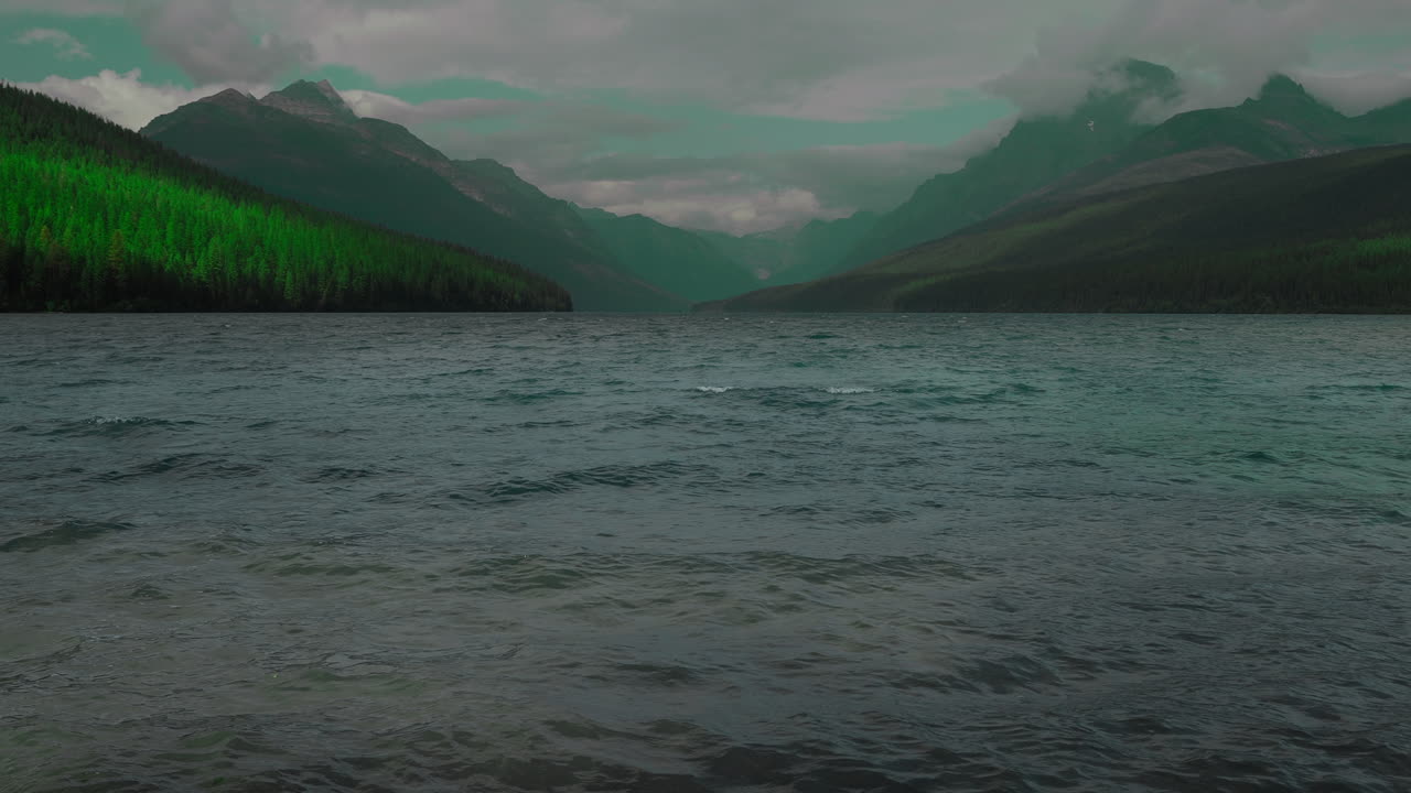 Calm lake amid Montana mountains, serene and tranquil atmosphere