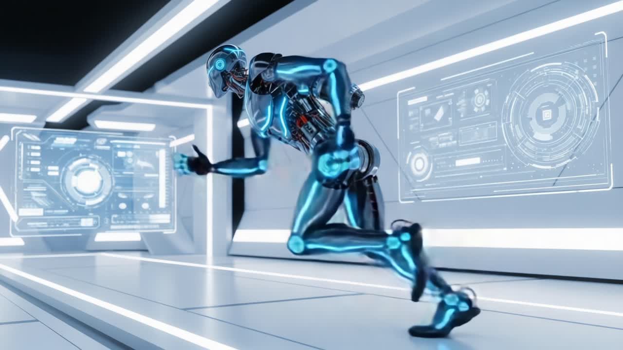 A sleek, futuristic robotic figure sprints energetically down a high-tech corridor filled with glowing interfaces, showcasing advanced robotics and motion technology