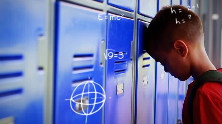 Mathematical equations moving against boy leaning on a locker