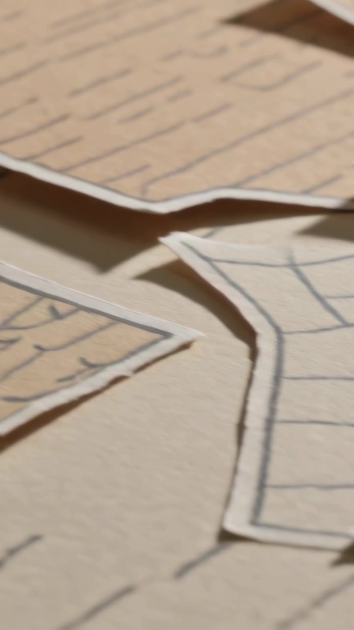 Vertical video: Panning camera showing layered hand-cut paper on craft desk with pen hatch lines