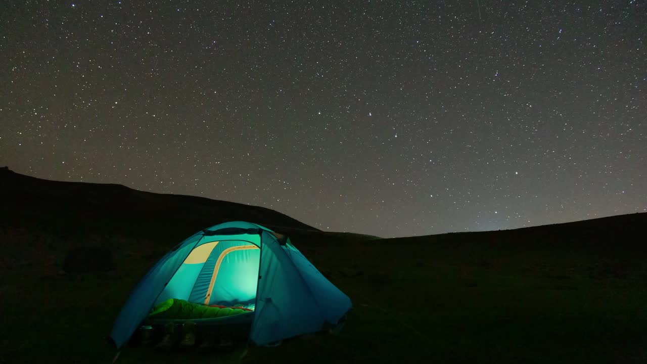 Couple Live Under Night Sky in Time-lapse of Meteor Shower in Dark Sky Camping View of Starry Sky and Magnificent Stars and Milky Way Nebula