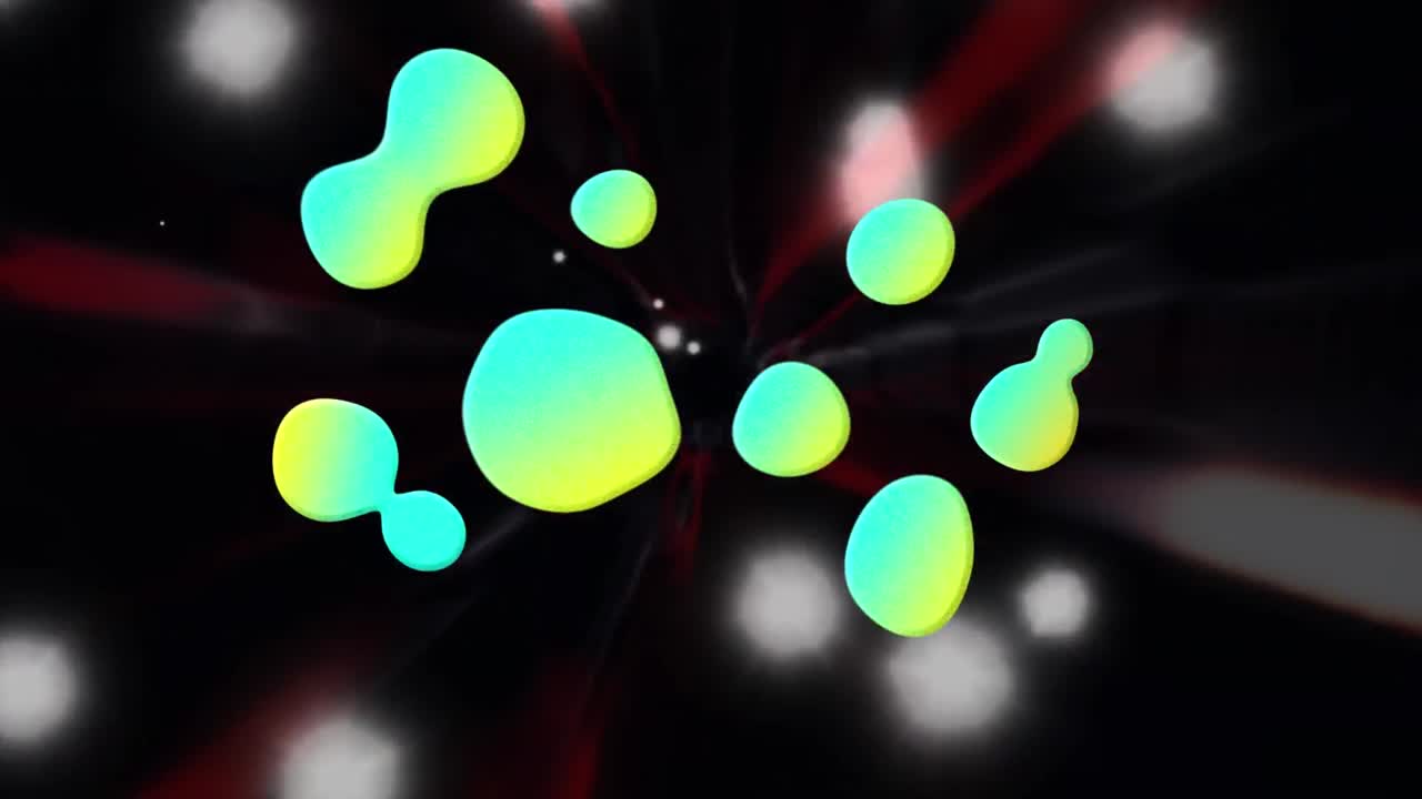 Animation of gradient liquid shapes over white spots and red light trails against black background