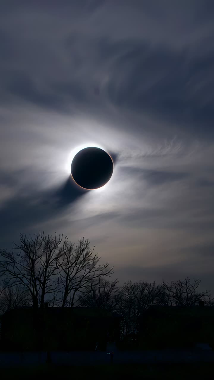 Vertical video: Recording lunar disc eclipsing Sun over bare trees clouds drifting dimming corona