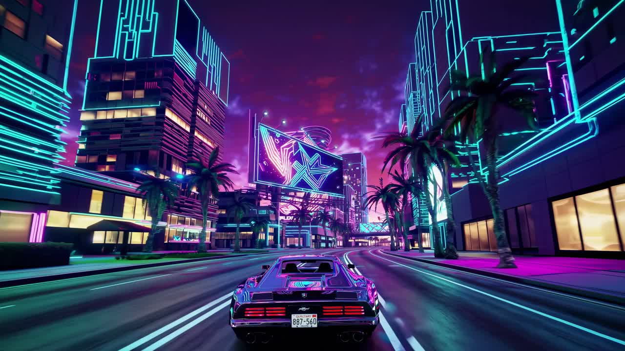 Classic sports car cruising down a vibrant, neon illuminated city street at sunset, evoking a nostalgic 1980s atmosphere with palm trees, glowing signs, and futuristic architecture