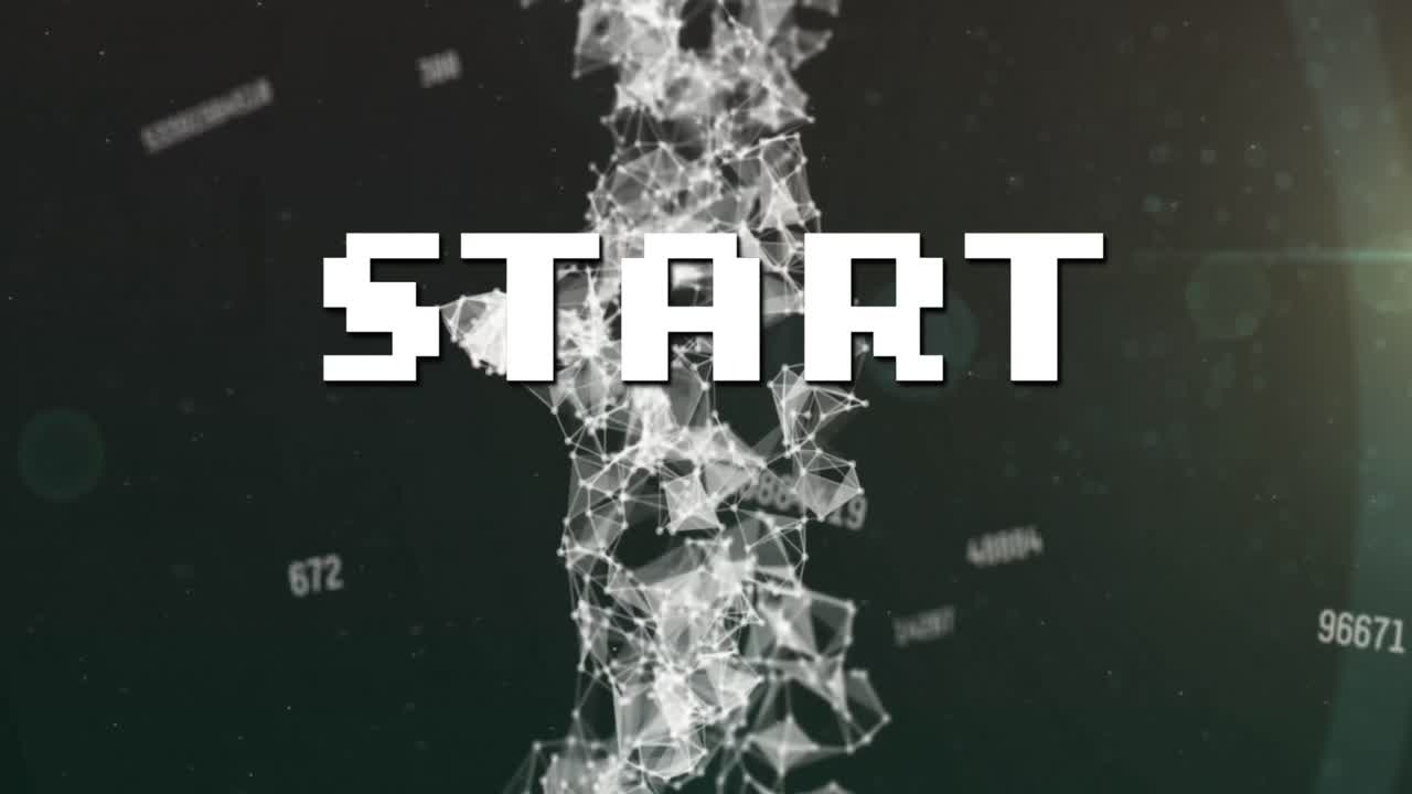 검은 바탕에 여러 번 변하는 번호와 연결 네트워크를 통해 텍스트를 시작합니다.