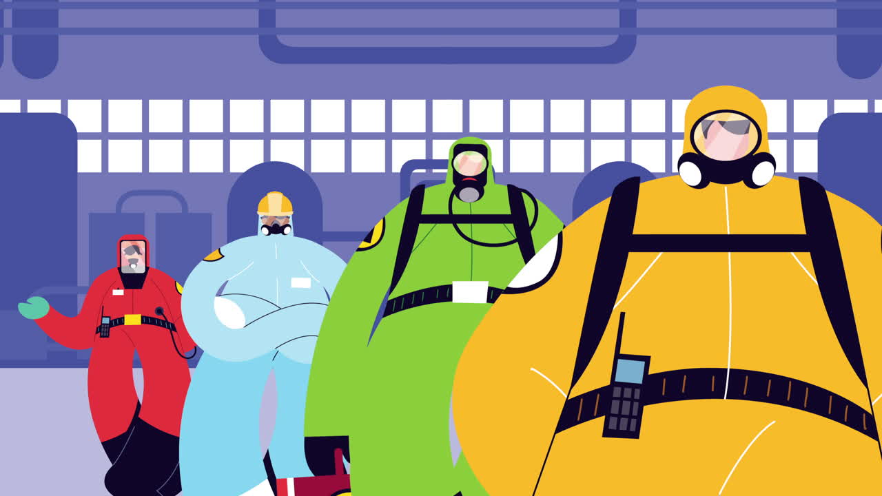 trabajadores industriales que usan trajes de bioseguridad para la protección contra covid-19 en la fábrica