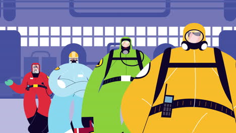 industrial workers wearing bio safety suits for covid19 protection in the factory