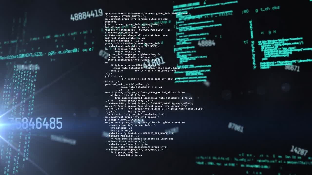 Animation of changing numbers over computer language and lens flares against black background