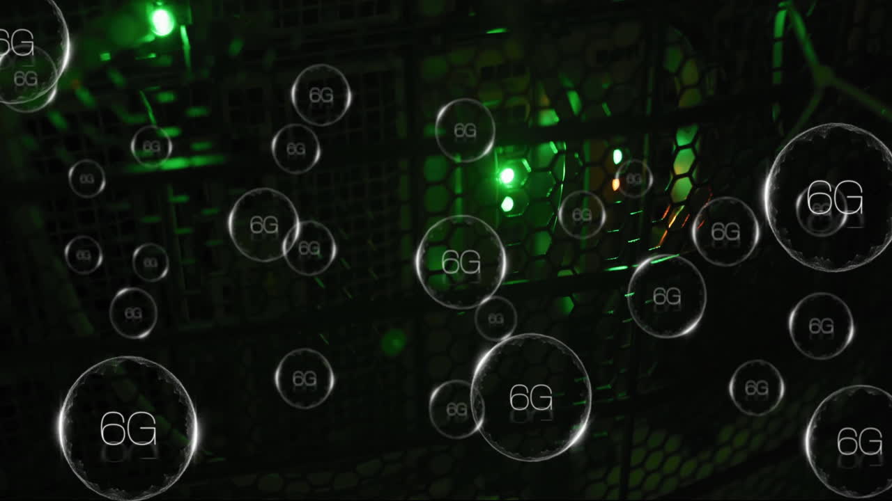 Animation of 6g text, digital data processing over computer servers