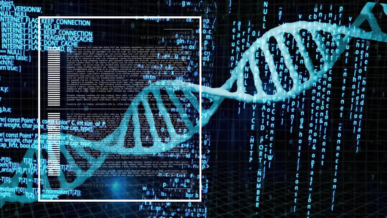 animación del procesamiento de datos sobre la cadena de adn sobre fondo negro