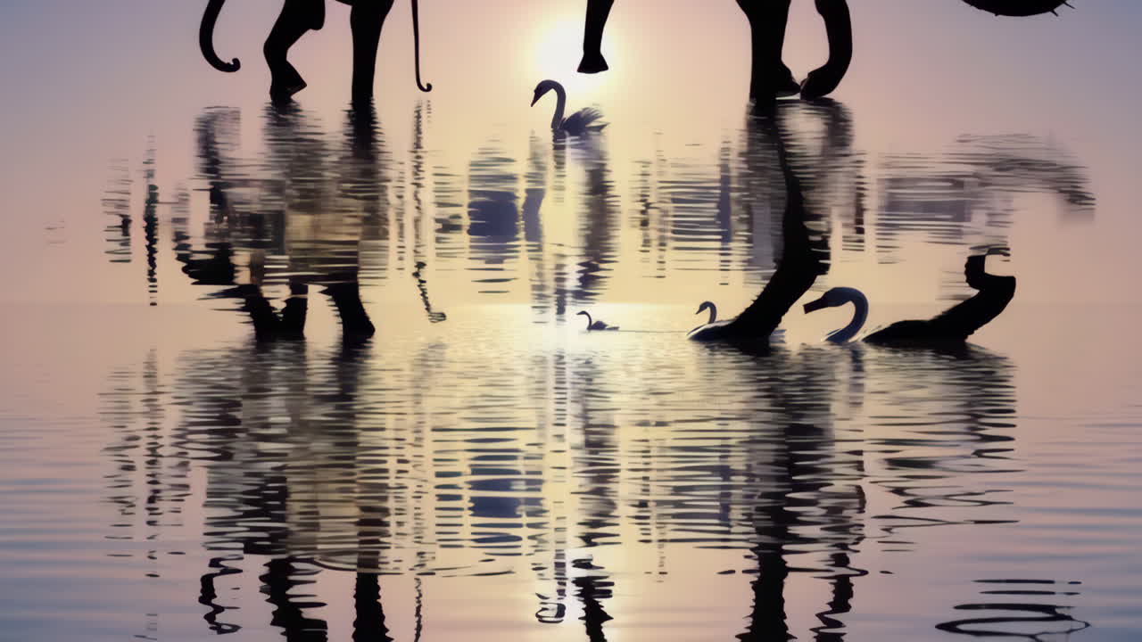 Elephants and Swans in a Watery Sunrise Reflection