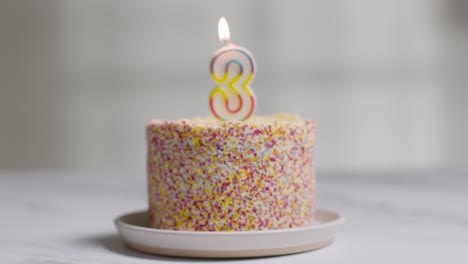 bolo de aniversário de foto de estúdio coberto com enfeites e vela acesa comemorando terceiro aniversário sendo apagado