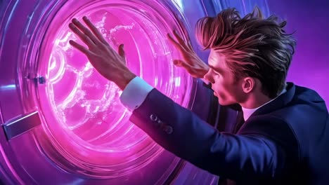 man in suit touching a pink tunnel