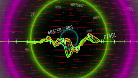 animación de formas circulares de neón en un patrón sin costuras contra números cambiantes y procesamiento de datos