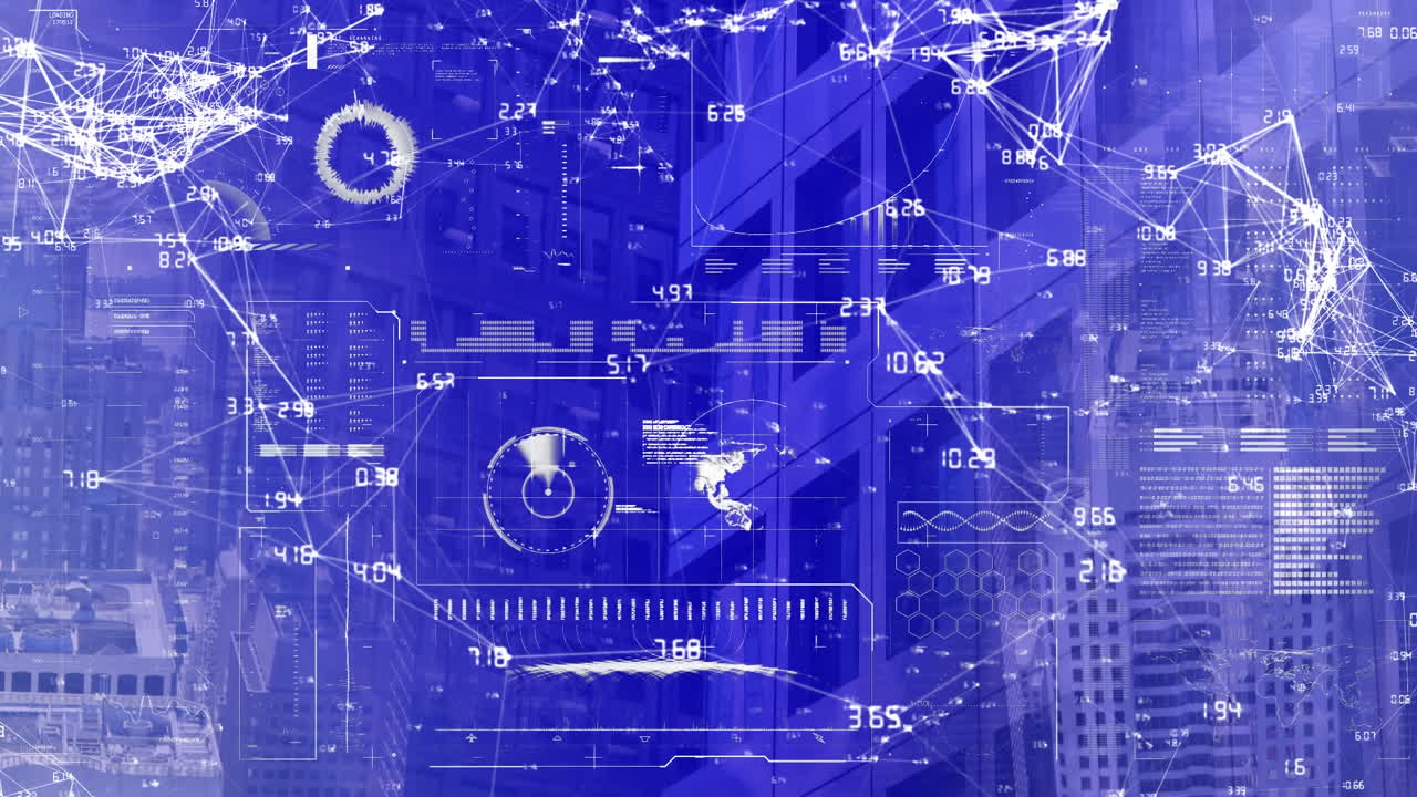animazione di reti di connessioni e elaborazione dei dati su edifici moderni su sfondo blu