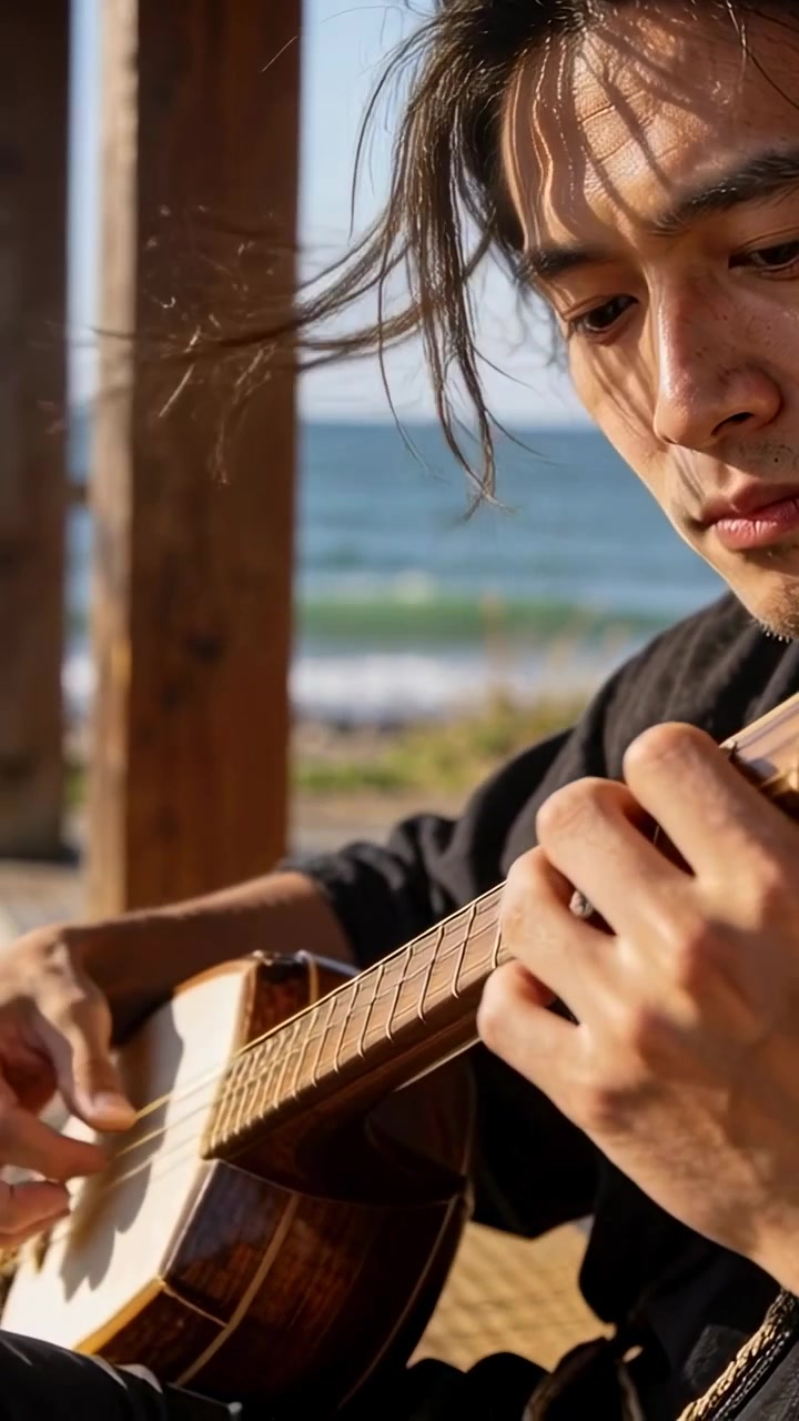 Video verticale: Riprese di un uomo in maglietta scura che suona l'ukulele in un padiglione sulla spiaggia, con la telecamera che inizia a registrare.