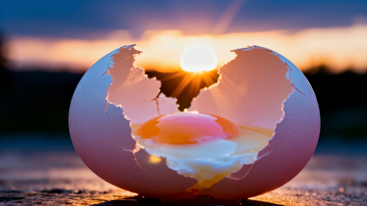 Eine zerbrochene Eierschale im Vordergrund, die untergehende Sonne erzeugt wandernde Linsenflecken im Sonnenuntergang, die das Eigelb hervorheben.
