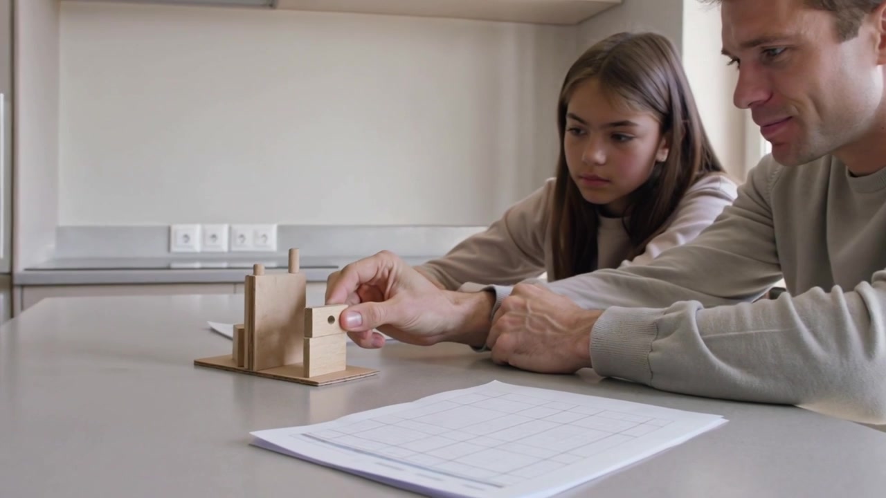 Un blocco di legno che scorre, un uomo adulto che guida una ragazza adolescente in classe, mostrando un modello di legno e un foglio di lavoro.