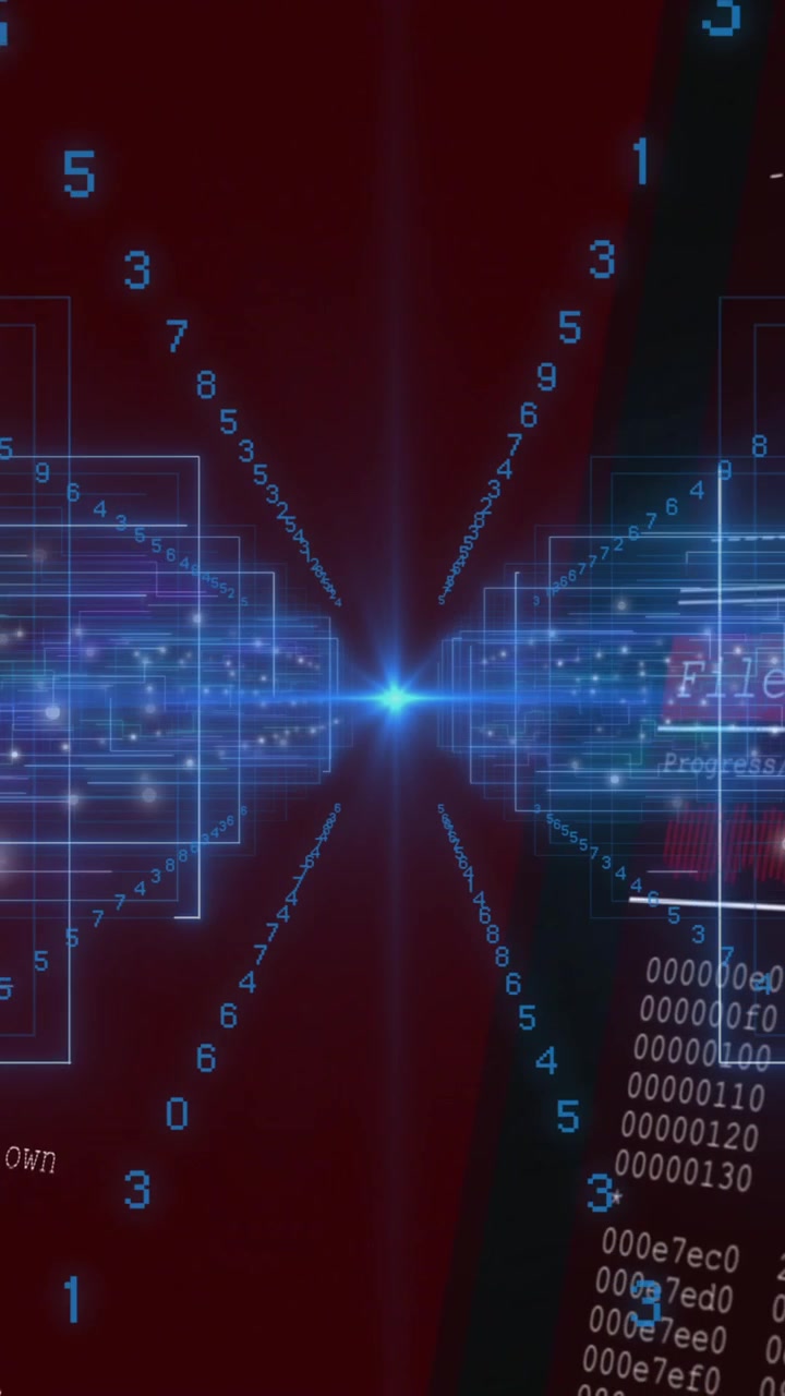 Numbers and code animating on red background, digital encryption and data processing