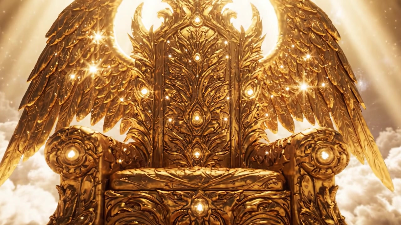 Beleuchteter goldener Thron mit Engelsflügeln, umgeben von himmlischen Wolken und strahlendem Licht, der Majestät, Macht und göttliche Präsenz symbolisiert