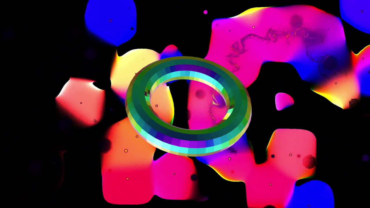 Animation of rotating metallic ring over brightly coloured abstract shapes on black background