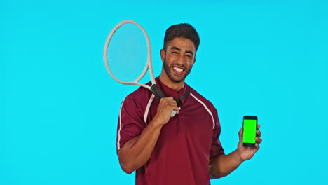 Phone,-tennis-and-man-laughing-with-green-screen