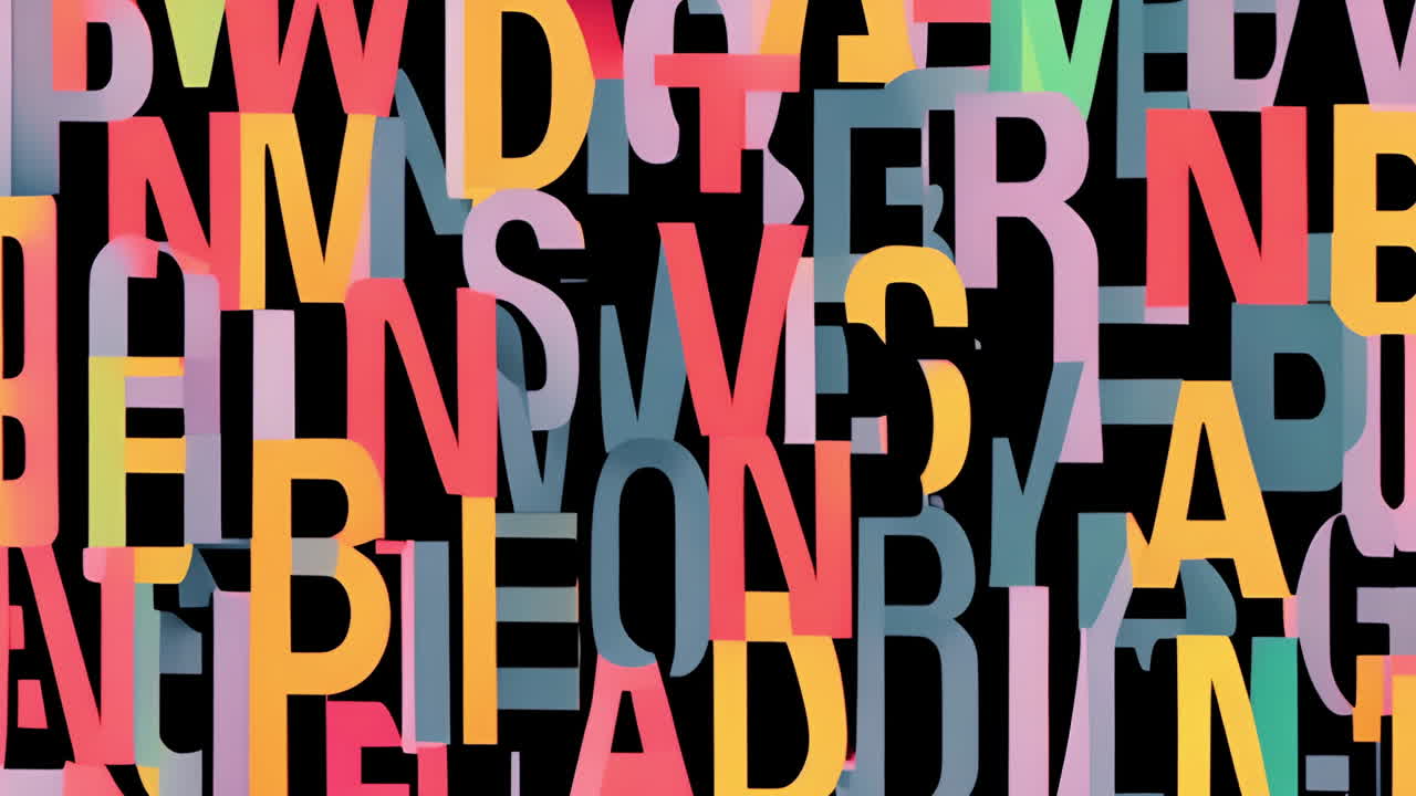 Colorful overlapping letters animation forming abstract pattern on black background