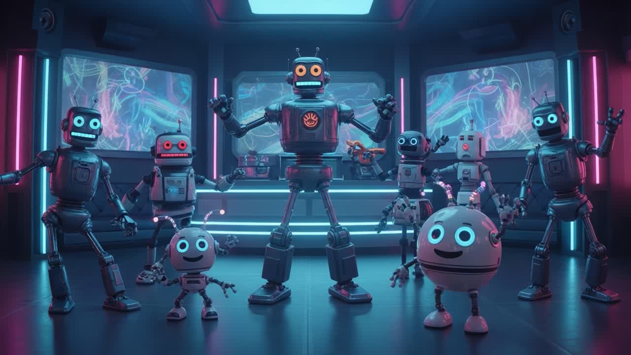 A Colorful Assembly of Friendly Robots in a Futuristic Setting, Showcasing Their Unique Designs and Emotive Features for Your Viewing Pleasure