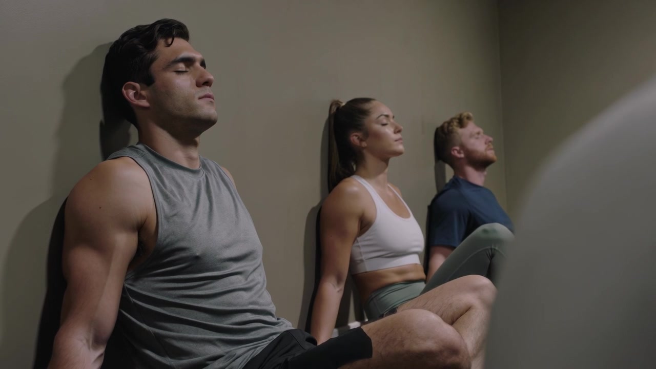 Cámara graba a un trío sentado contra una pared lisa en la esquina del gimnasio, con ropa de entrenamiento para la vuelta a la calma.