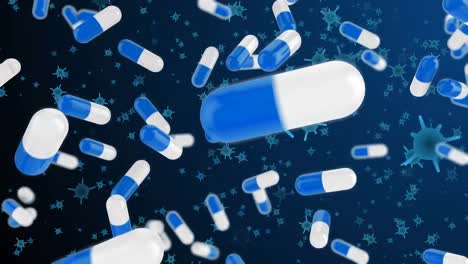 Animation-of-blue-and-white-pills-over-blue-viruses-on-navy-background