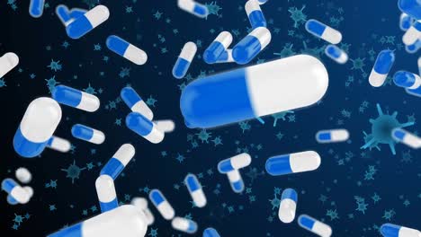 animation of blue and white pills over blue viruses on navy background