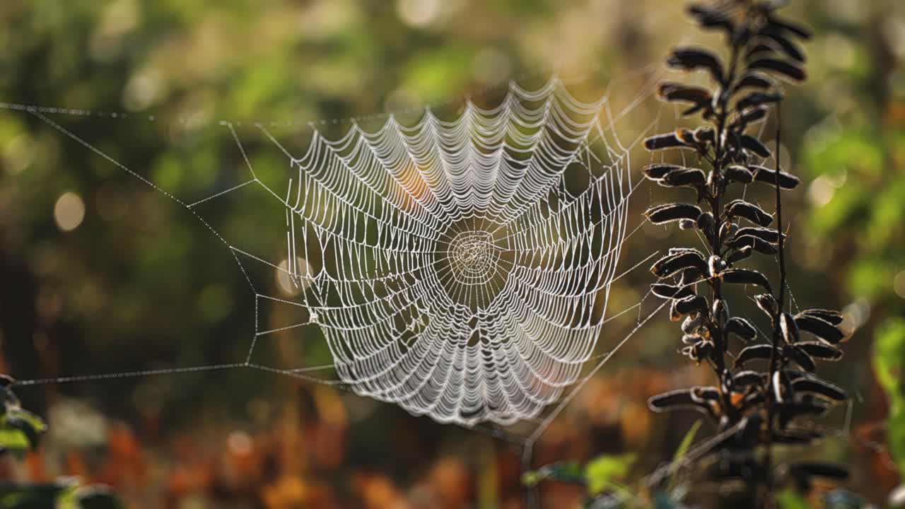 una tela de araña etérea iluminada por el sol de la mañana se extiende entre los tallos de lupino marchito