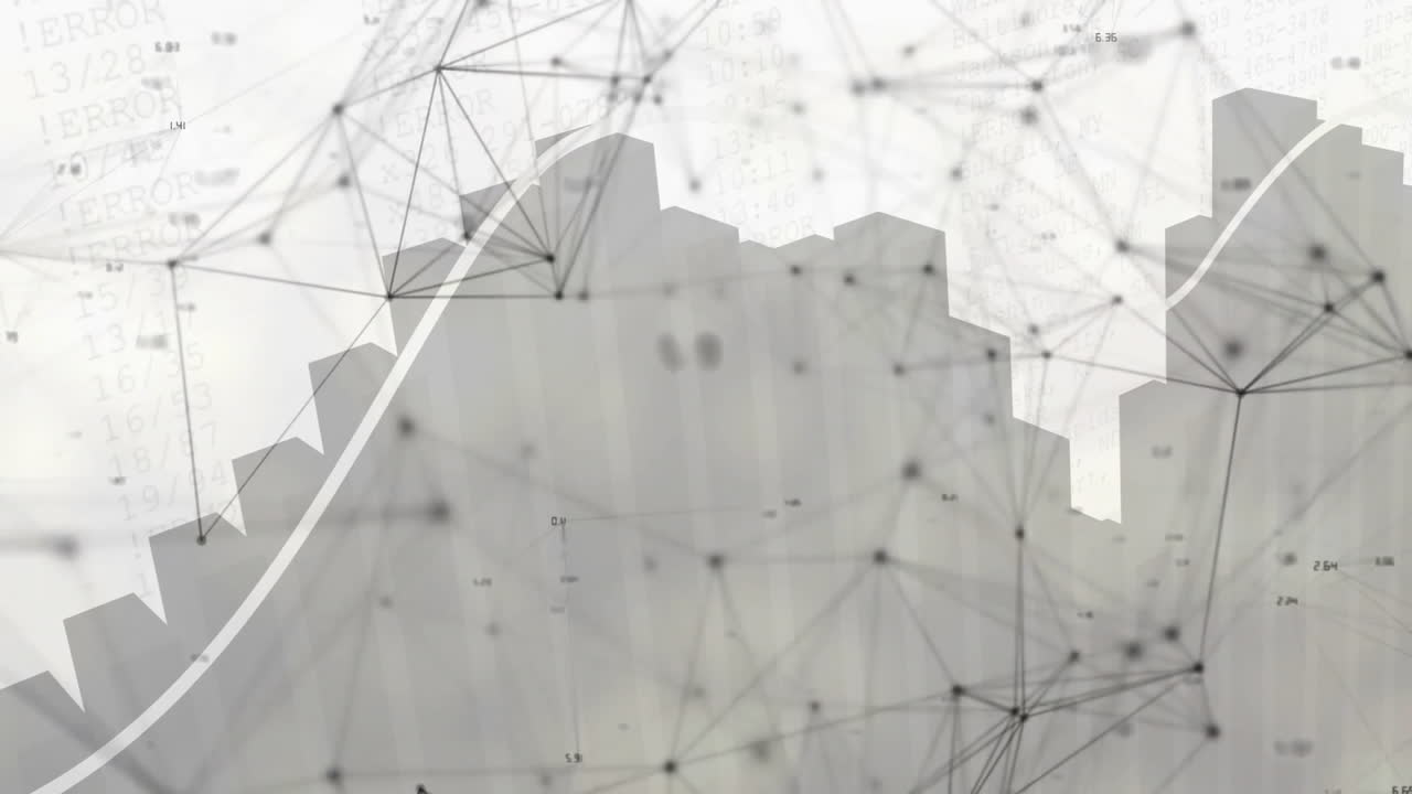 Animation of network connections and data processing over cityscape silhouette