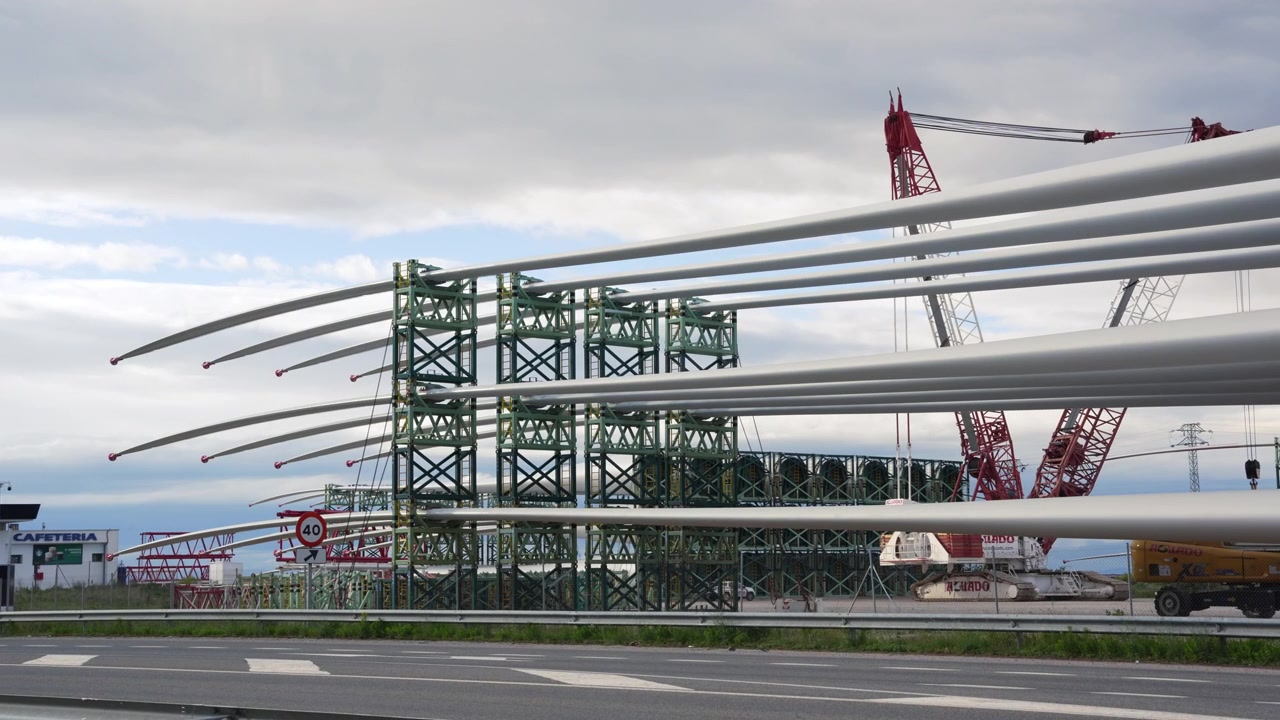 Massive Wind Turbine Blades Stored at an Industrial Facility