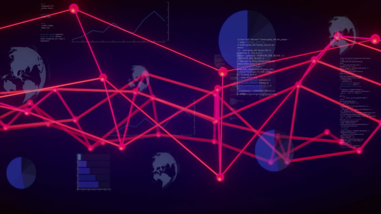 Animation of pink connections over data processing and diagrams