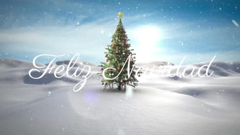 Feliz-navidad-text-against-snow-falling-over-christmas-tree-on-winter-landscape