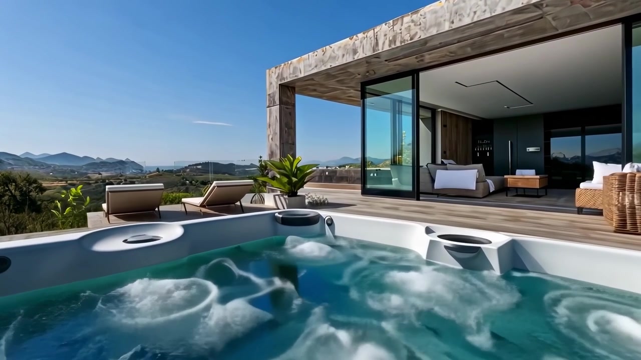 Vasca idromassaggio di lusso su terrazza di villa moderna con vista sulle montagne
