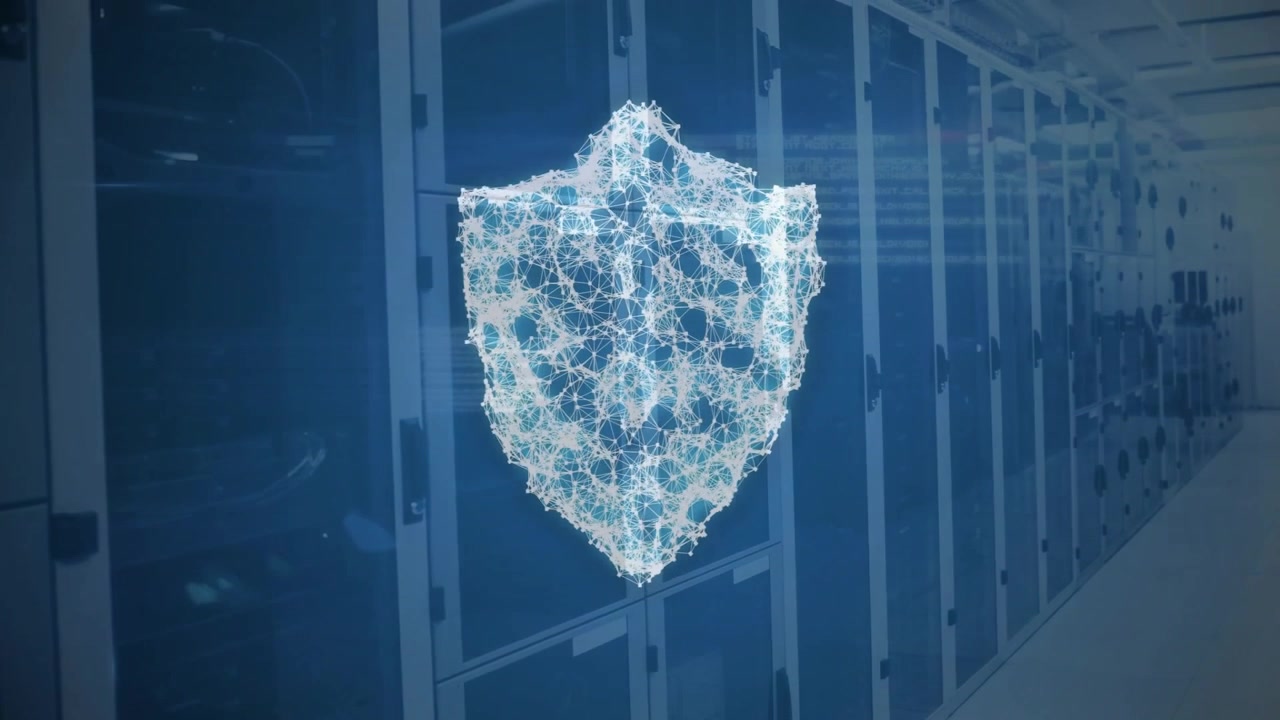 After pause glowing shield emerging into 3D then pulsing breaking dissolving showing data security