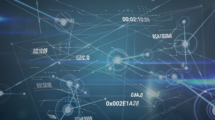 Animation of network of connections, light trails and changing numbers against blue background