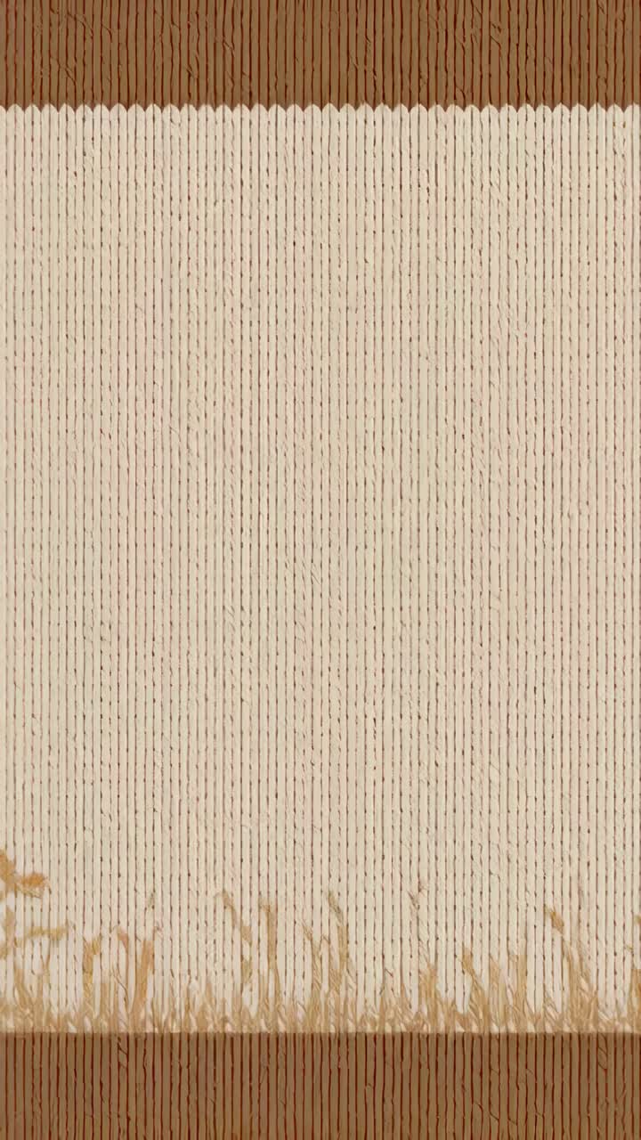 Video verticale: registrazione di un tessuto a coste beige che riempie la stanza con bande marroni e frange per i dettagli