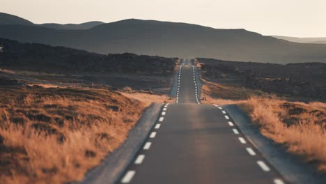 driving on the narrow asphalt road through the vast open tundra landscape