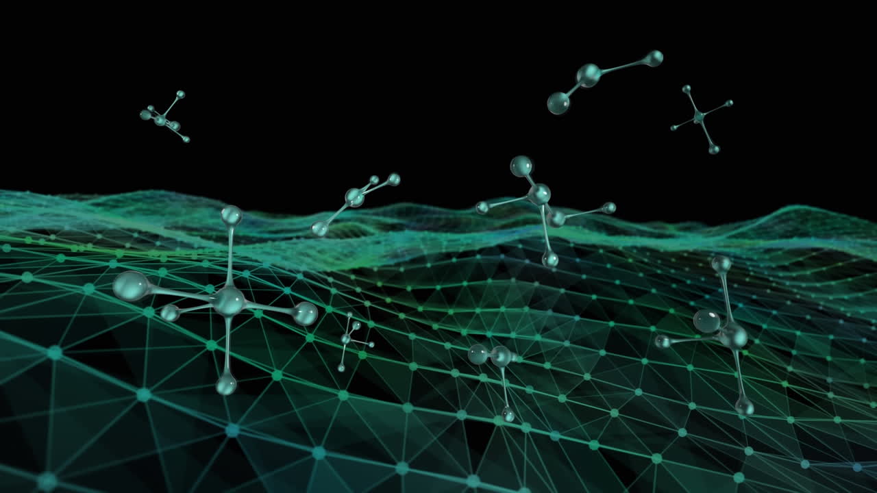 블랙 배경에서 디지털 파동에 맞서 움직이는 분자 구조
