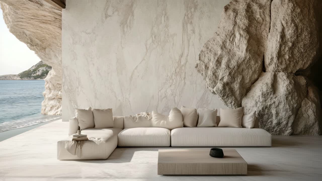 Luxurious coastal living room with a minimalist design, captured from a wide-angle