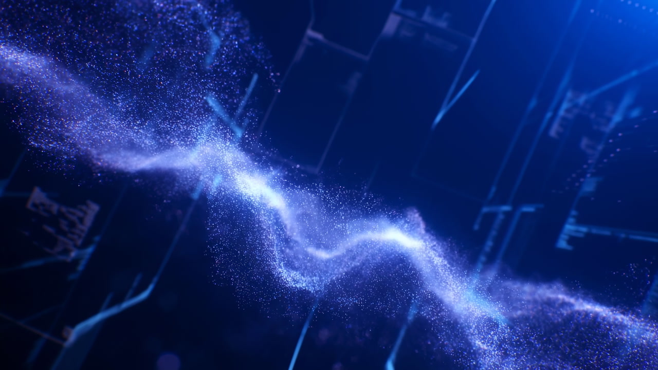 Sparkling Purple Particle Wave Across Network Evoking Cosmic Nebula And Data Stream, Flowing Stardust