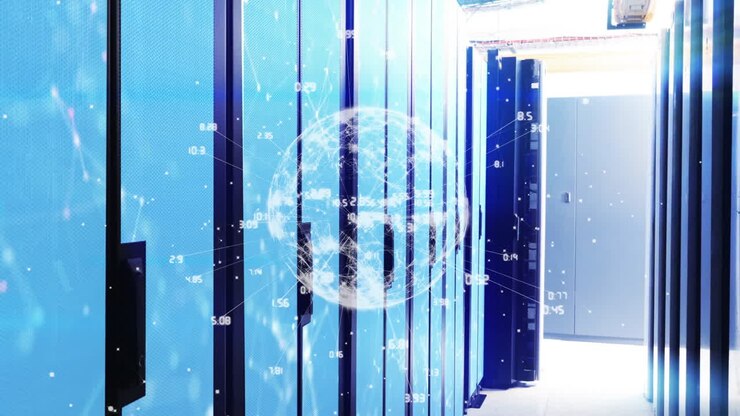 Globe and data points animation over server racks in data center