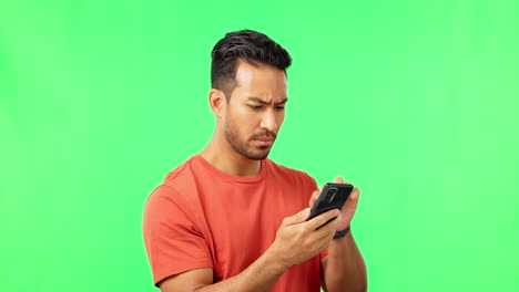 Poor,-connection-and-phone-by-man-in-green-screen