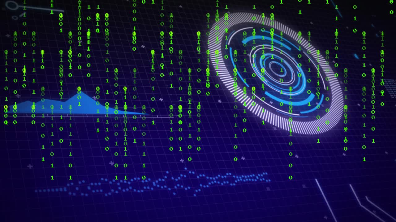 Binary streams initiating HUD rotating pulsing shifting graph displaying data glowing circuits